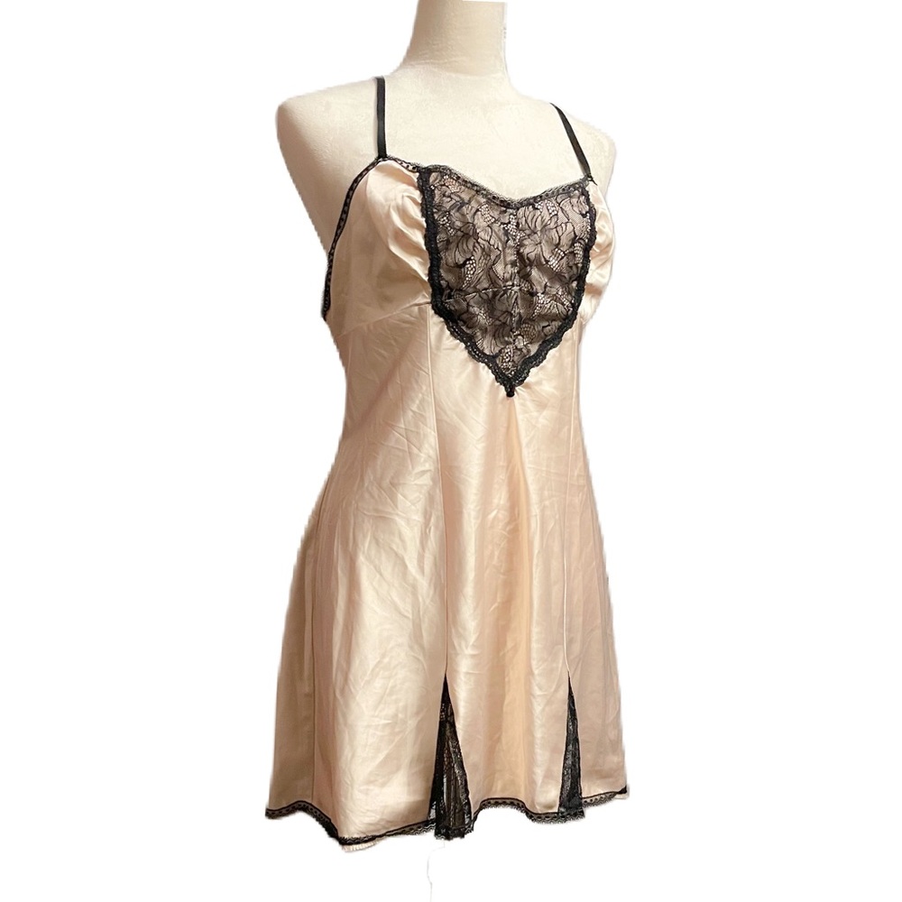 Champagne Gold Satin and Black Lace Racerback Nightie Slip Dress Sz Large
